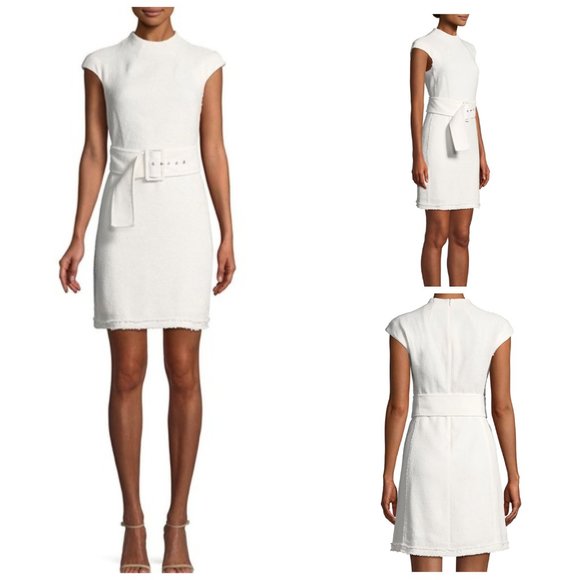 THEORY MOD Belt Dress White Spring Boucle Linen Blend Cap Sleeve Shift Dress - Picture 1 of 16